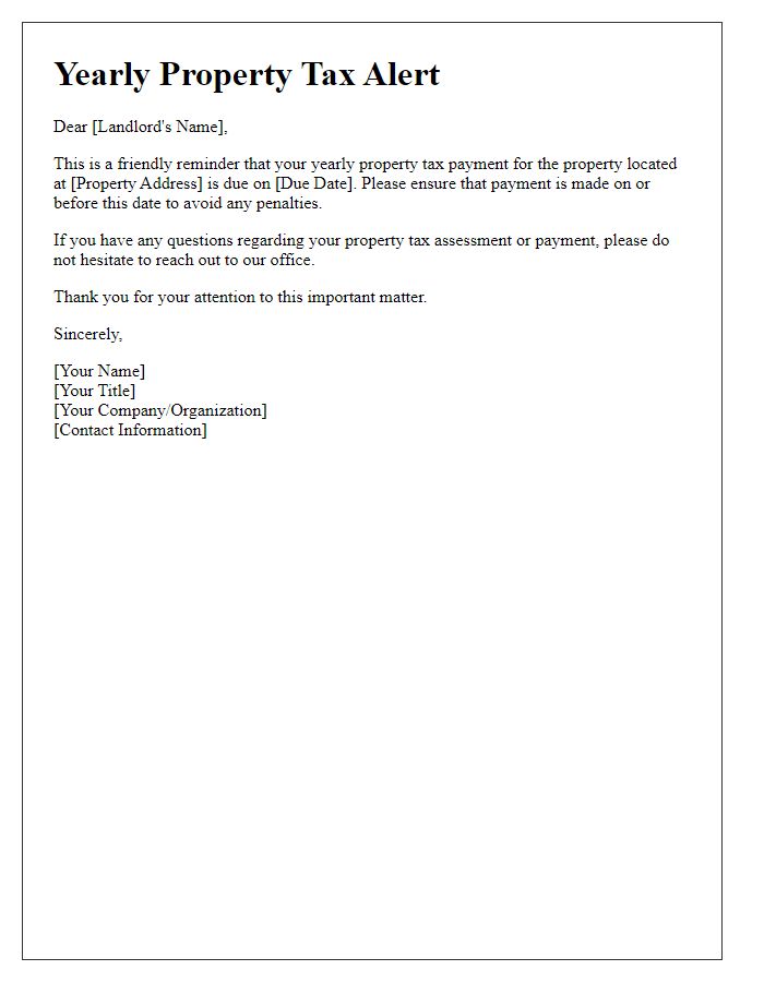 Letter template of yearly property tax alert for landlords