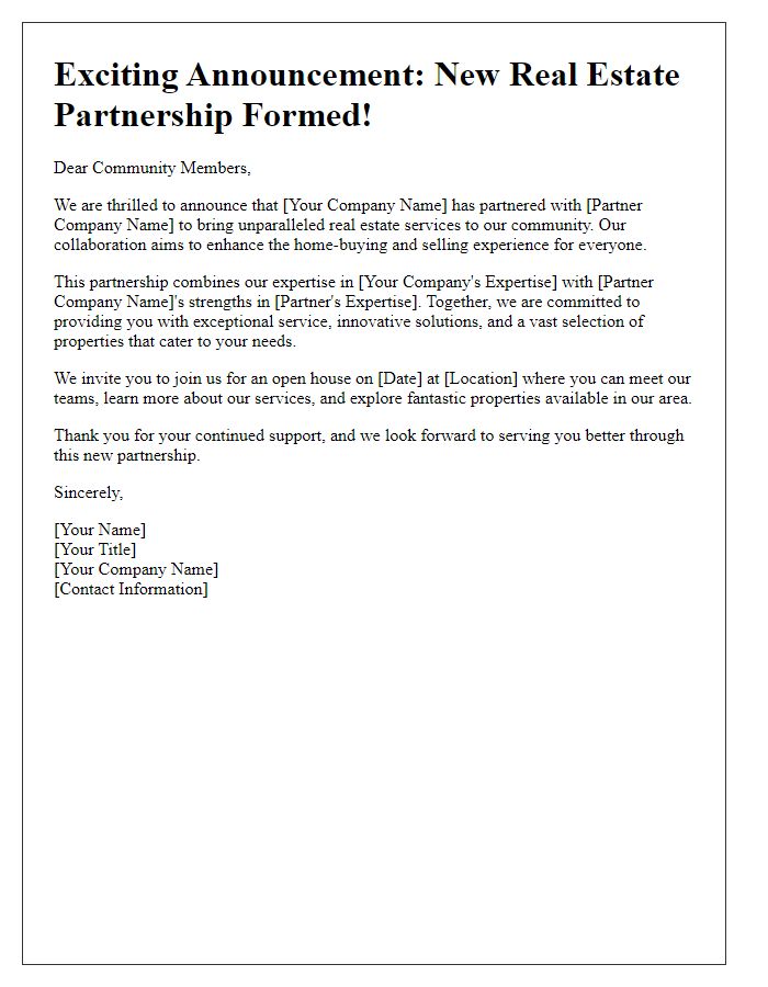 Letter template of real estate partnership announcement for the community