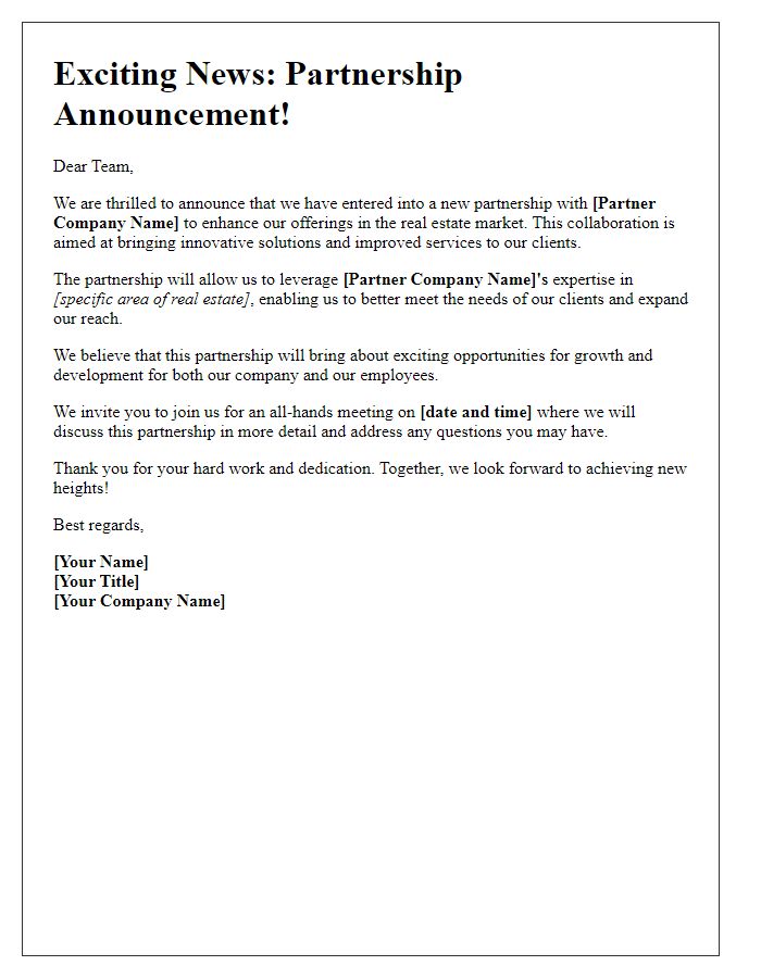 Letter template of real estate partnership announcement for employees