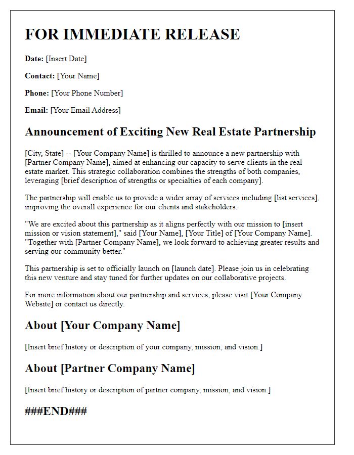 Letter template of real estate partnership announcement for media outlets