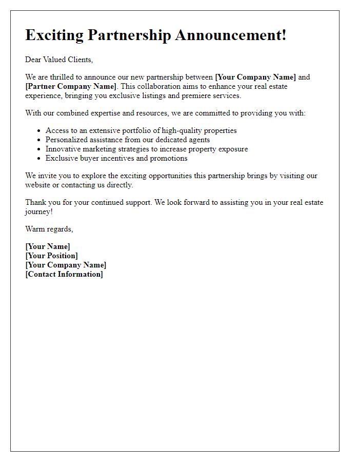 Letter template of real estate partnership announcement for potential buyers