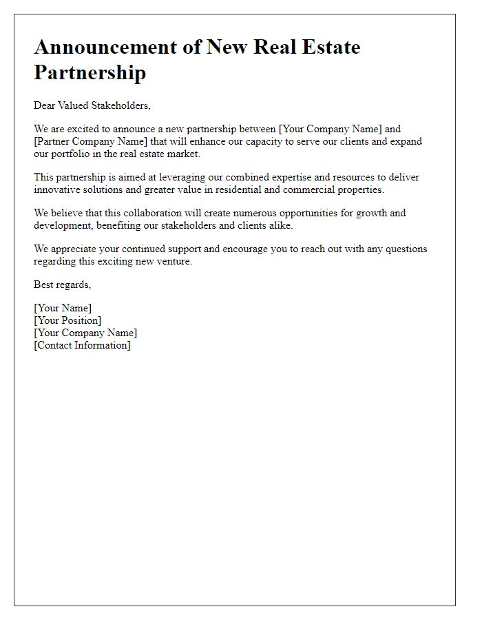 Letter template of real estate partnership announcement for stakeholders