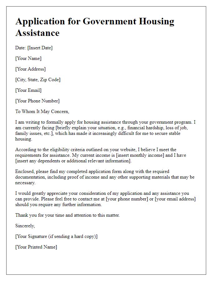 Letter template of application for government housing assistance programs