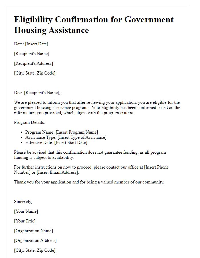 Letter template of eligibility confirmation for government housing assistance programs