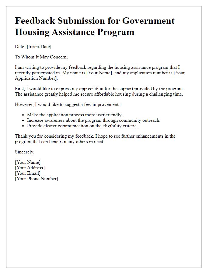 Letter template of feedback submission for government housing assistance programs