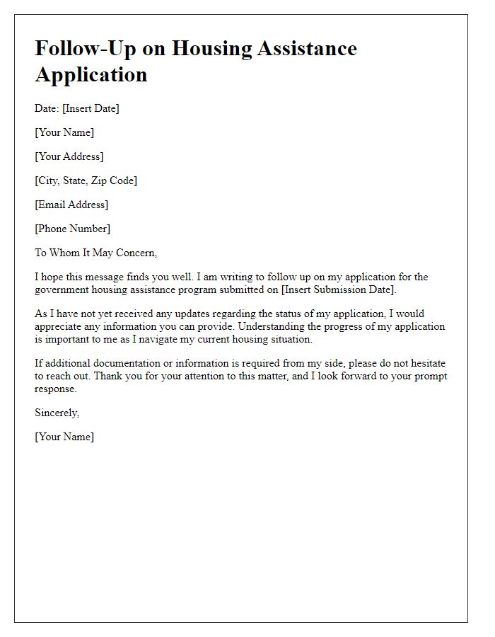 Letter template of follow-up on government housing assistance programs application