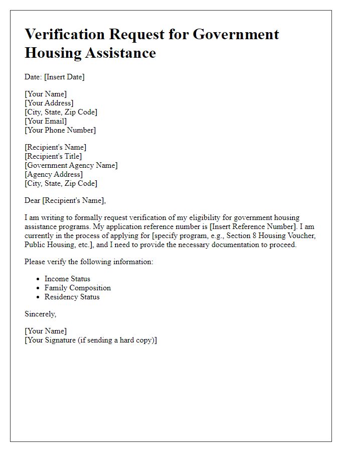 Letter template of verification request for government housing assistance programs