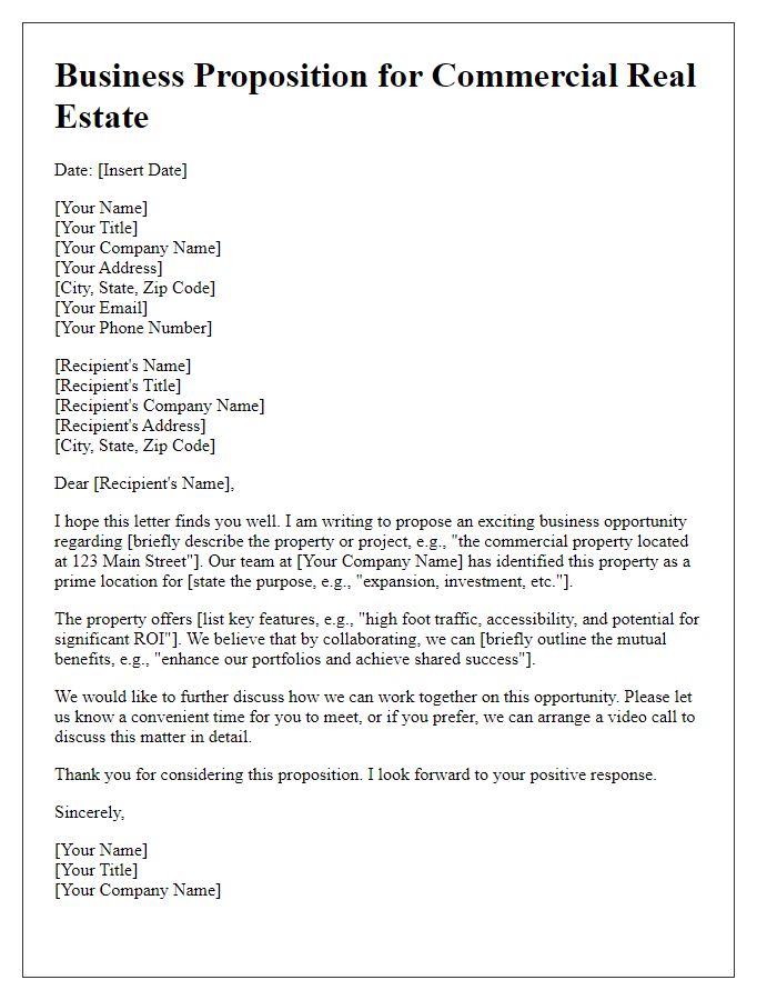 Letter template of business proposition for commercial real estate