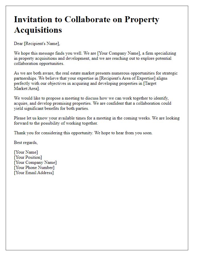 Letter template of collaboration invitation for property acquisitions