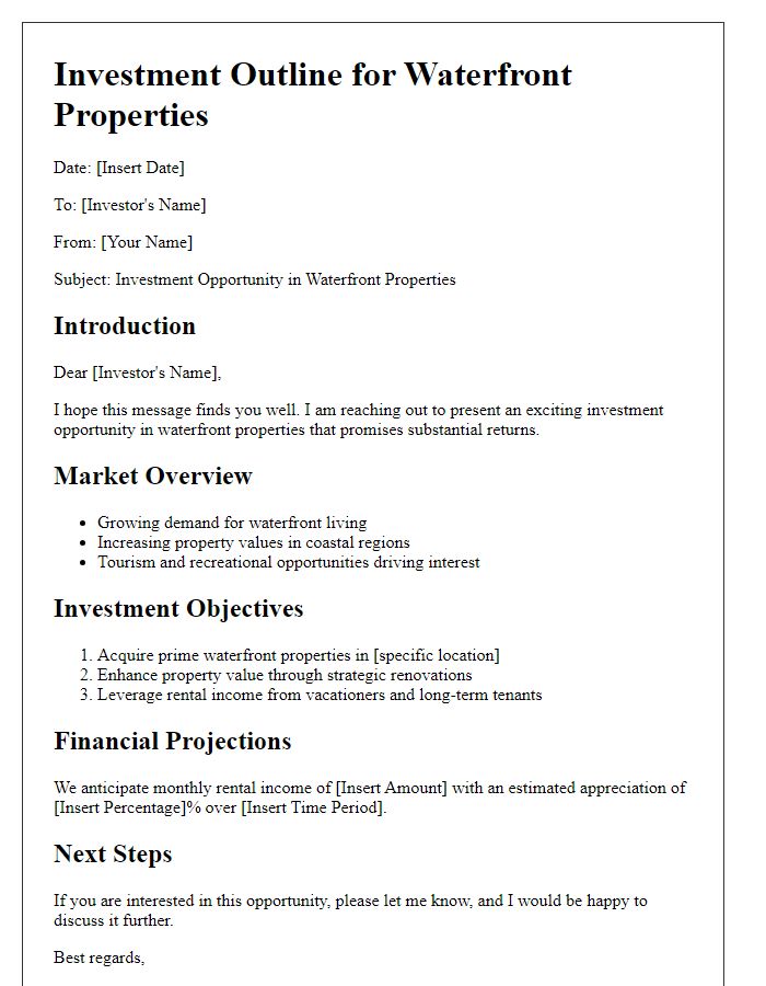 Letter template of investment outline for waterfront properties