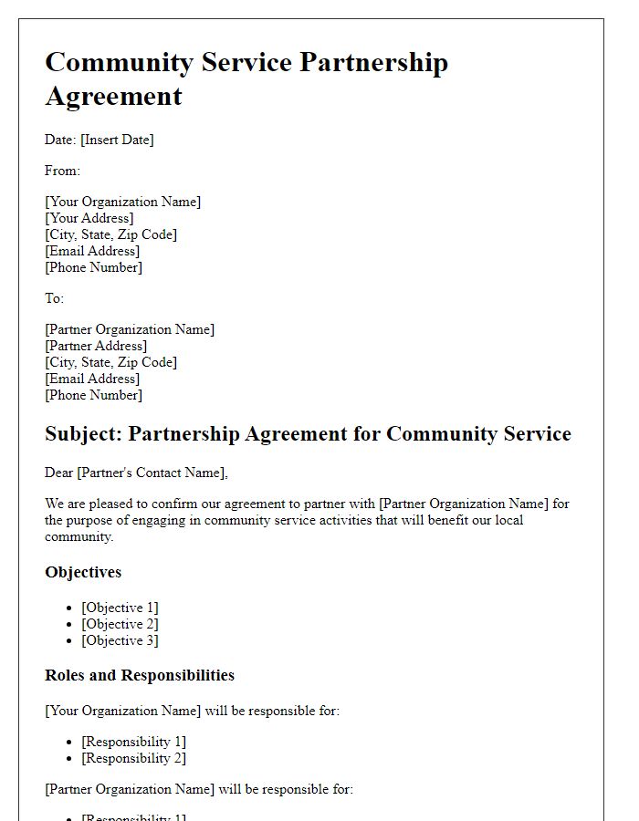 Letter template of agreement for community service partnership