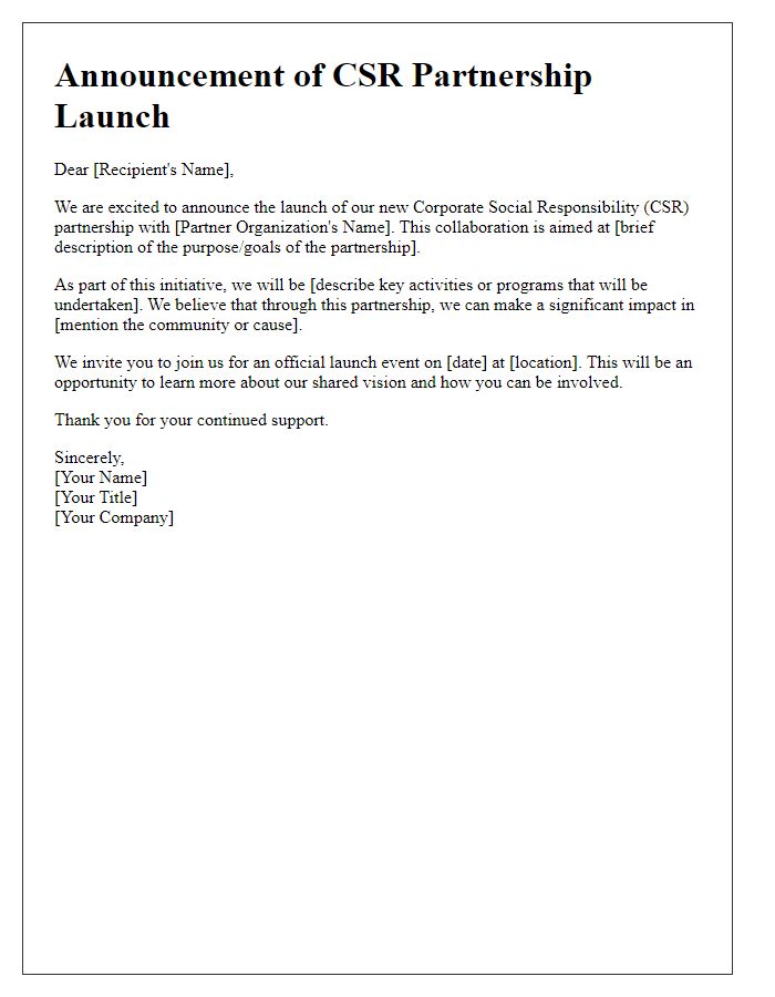 Letter template of announcement for CSR partnership launch