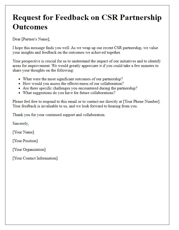 Letter template of feedback request on CSR partnership outcomes