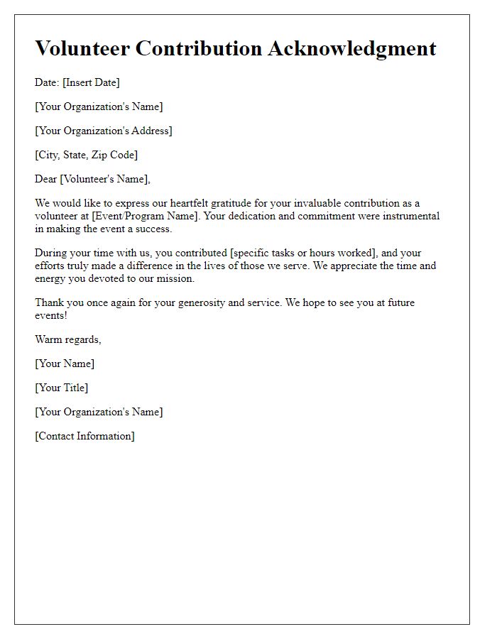 Letter template of acknowledgment for volunteer work contribution
