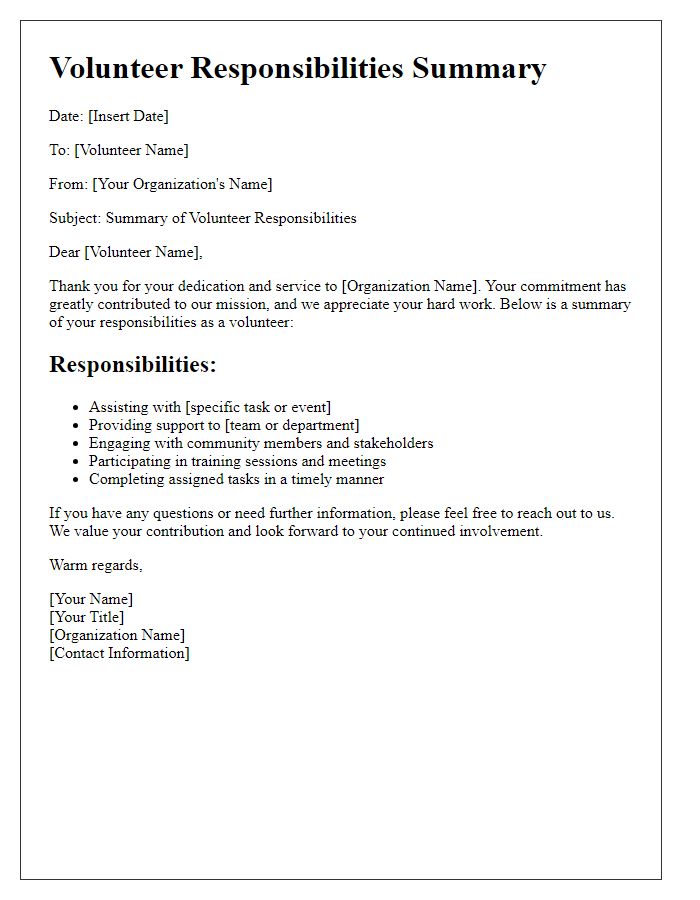 Letter template of summary for volunteer responsibilities