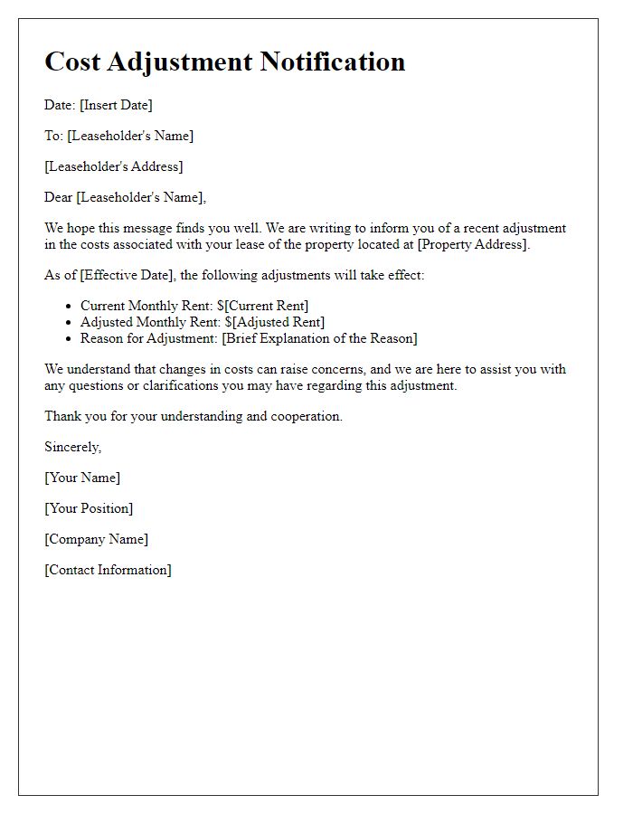 Letter template of cost adjustment letter for leaseholders