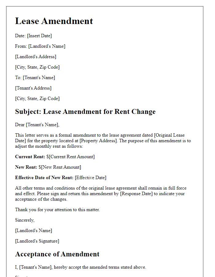 Letter template of lease amendment for rent change