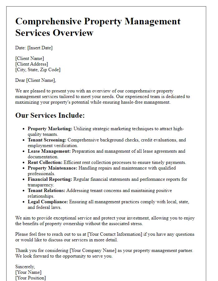 Letter template of comprehensive property management services overview.