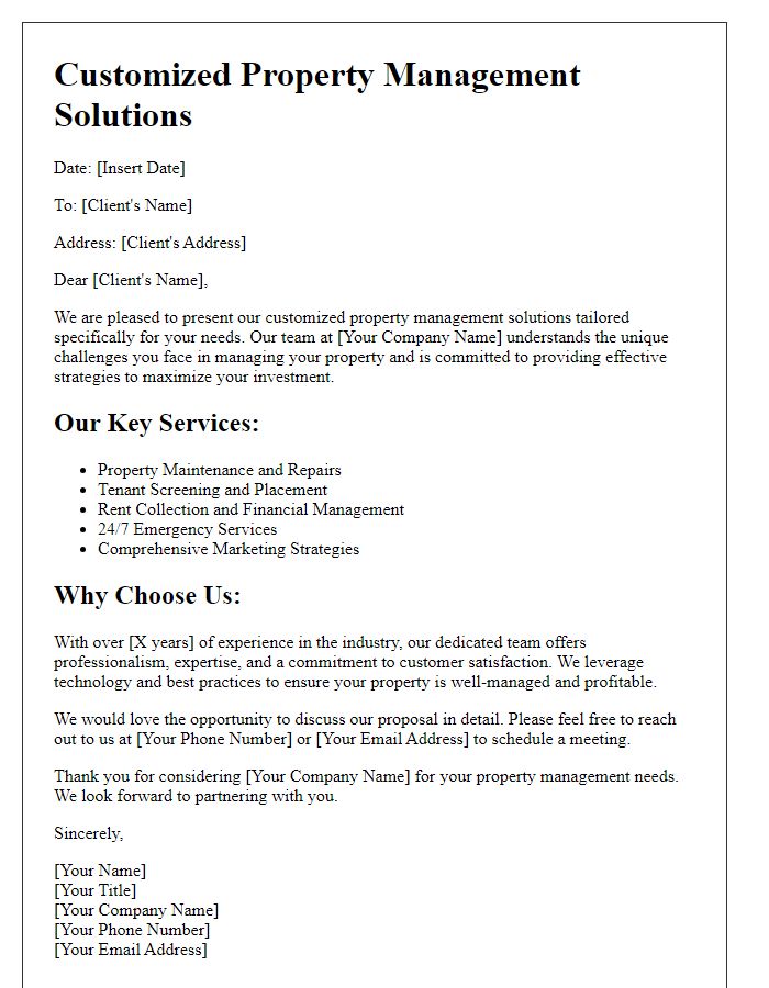 Letter template of customized property management solutions presentation.