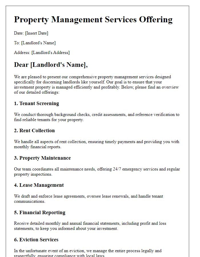 Letter template of detailed property management offerings for landlords.