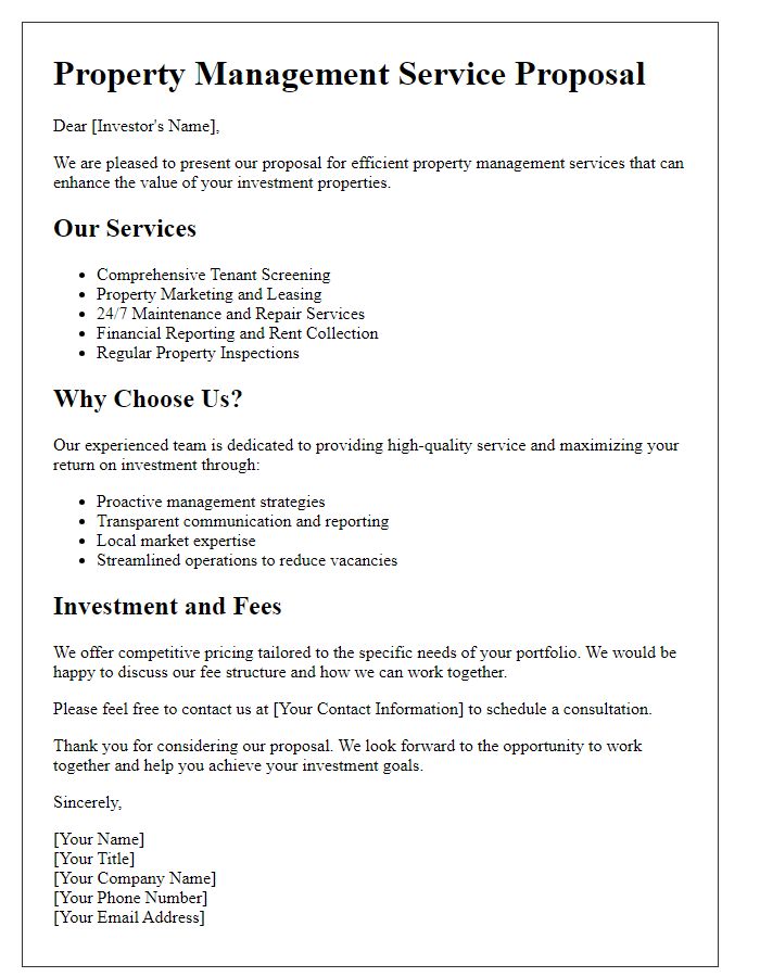 Letter template of efficient property management service proposal for investors.