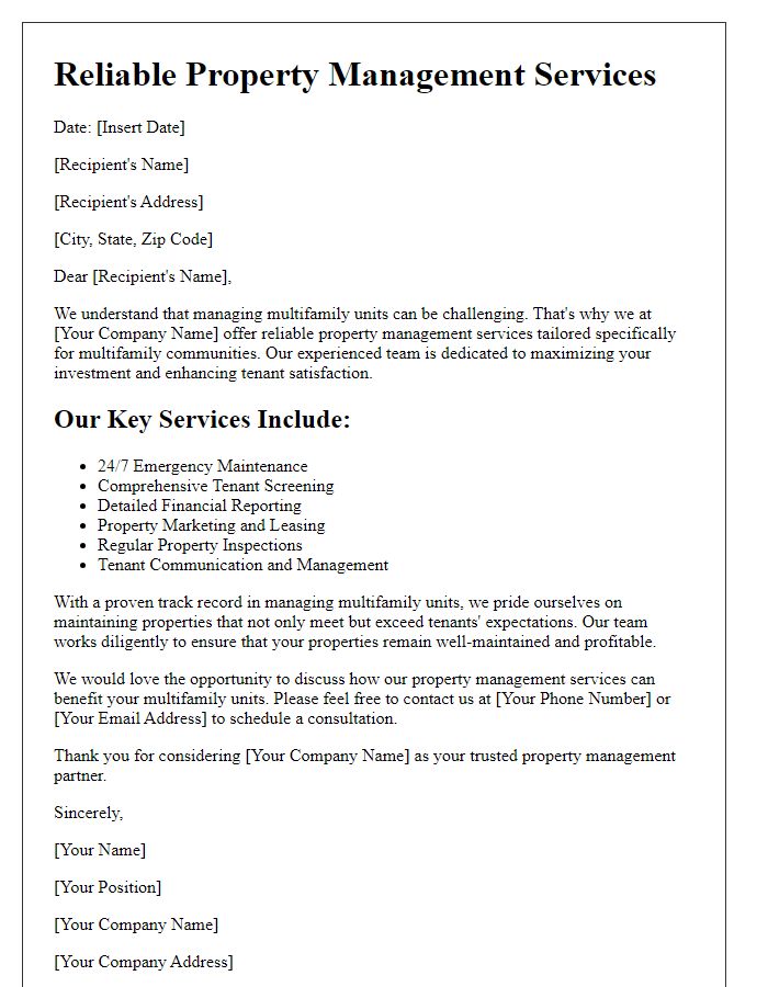 Letter template of reliable property management service highlight for multifamily units.