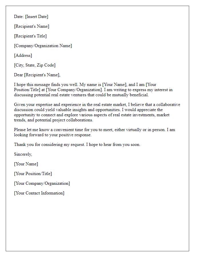 Letter template of request to engage in a discussion about real estate ventures