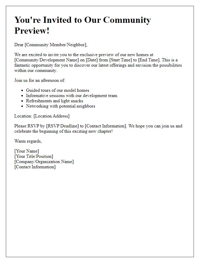 Letter template of community preview invitation for new homes in development.