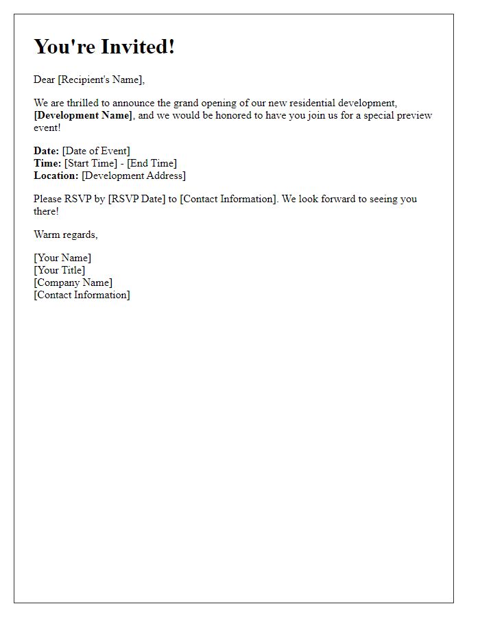 Letter template of grand opening invitation for new residential development preview.