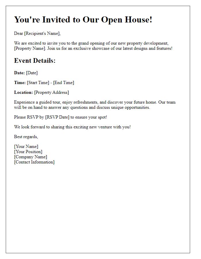 Letter template of open house invitation for new property development showcase.