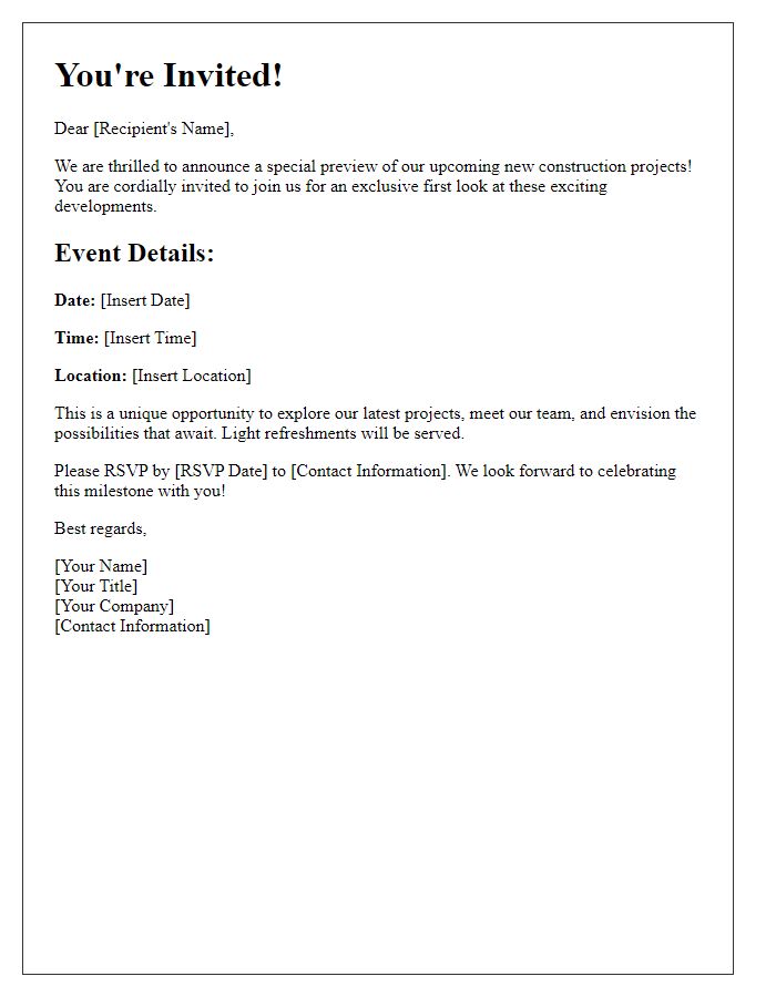 Letter template of special preview invitation for upcoming new construction projects.