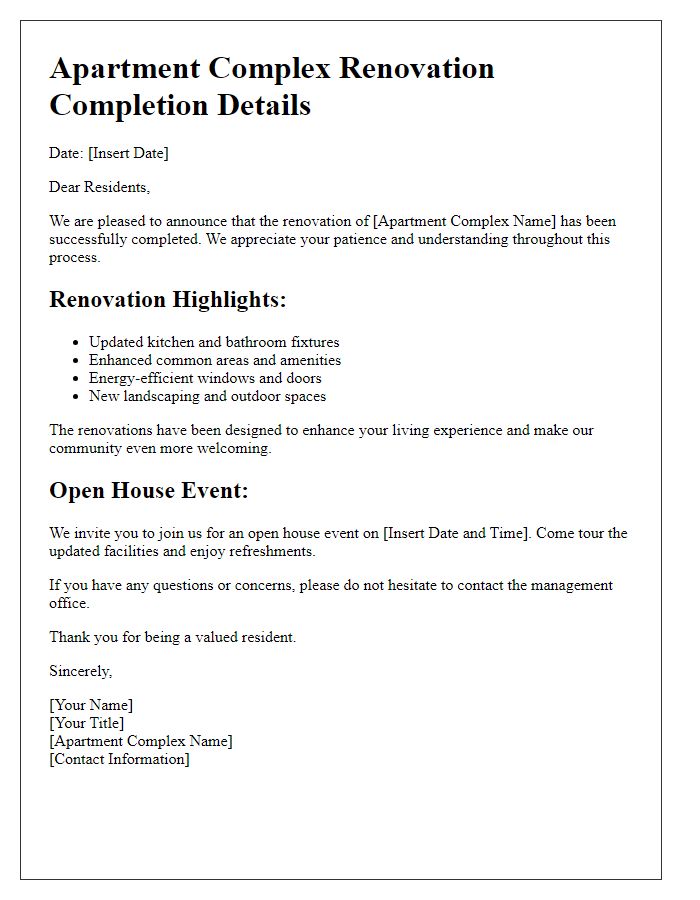 Letter template of apartment complex renovation completion details