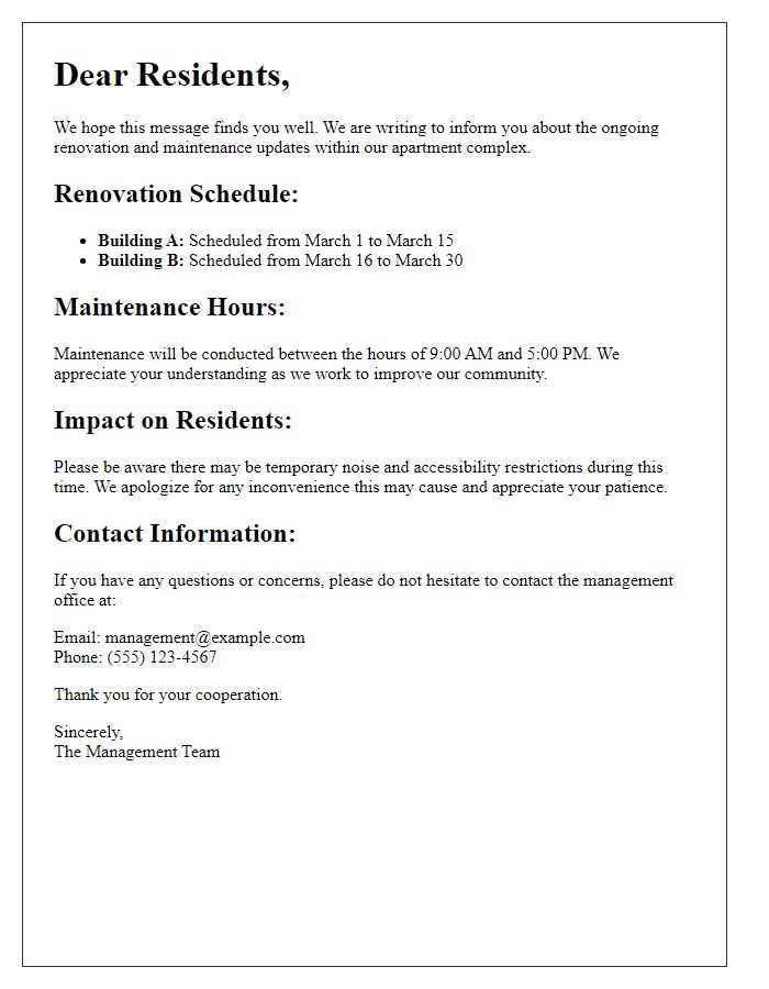 Letter template of apartment complex renovation maintenance updates