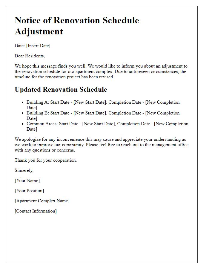 Letter template of apartment complex renovation schedule adjustment