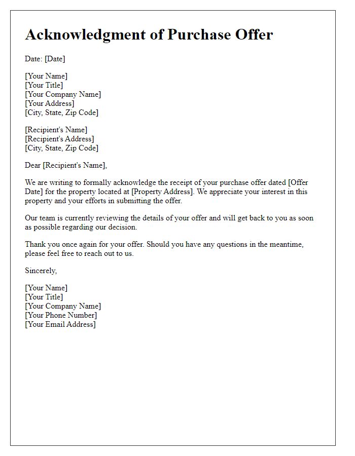 Letter template of Acknowledgment for Purchase Offer