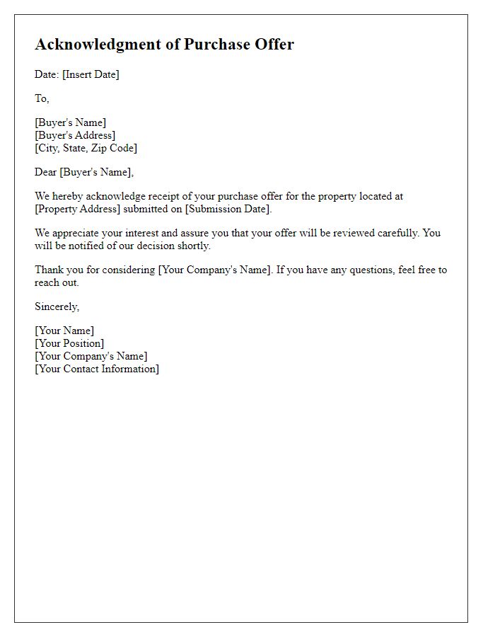 Letter template of Acknowledgment for Submitted Purchase Offer