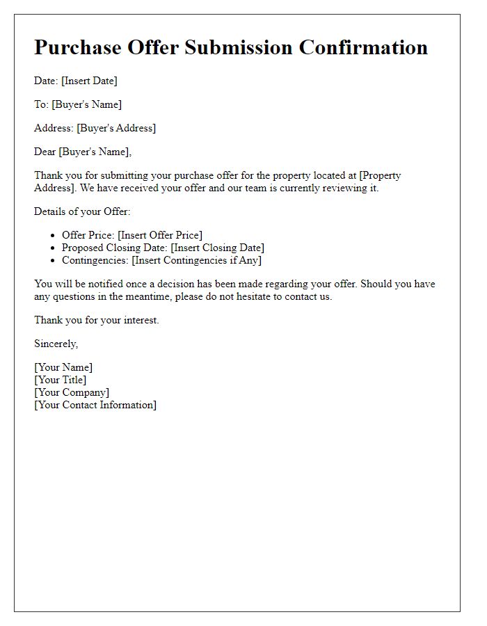 Letter template of Purchase Offer Submission Confirmation