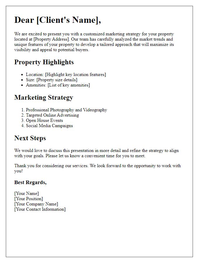 Letter template of customized property marketing presentation