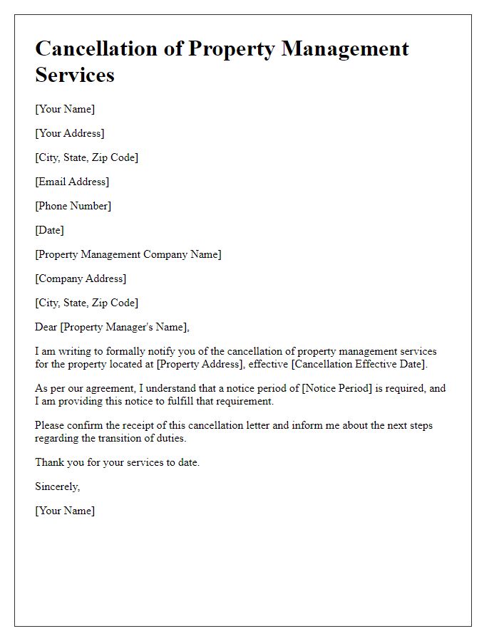 Letter template of formal cancellation of property management services