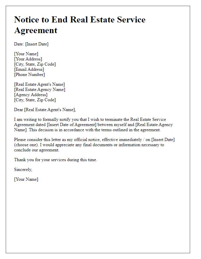 Letter template of notice to end real estate service agreement