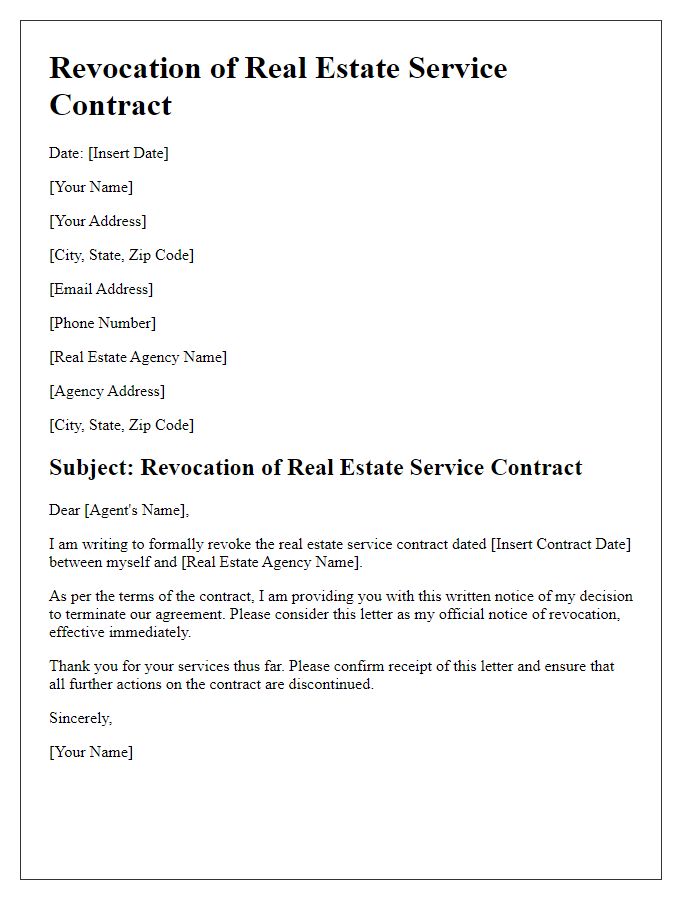 Letter template of revocation for real estate service contract