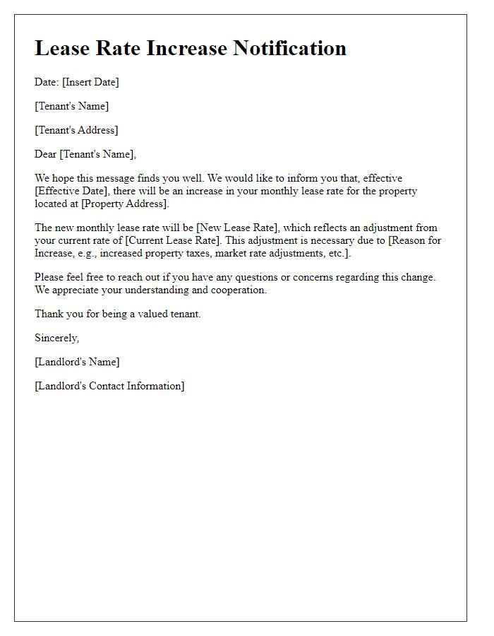 Letter template of lease rate increase notification for current occupants.