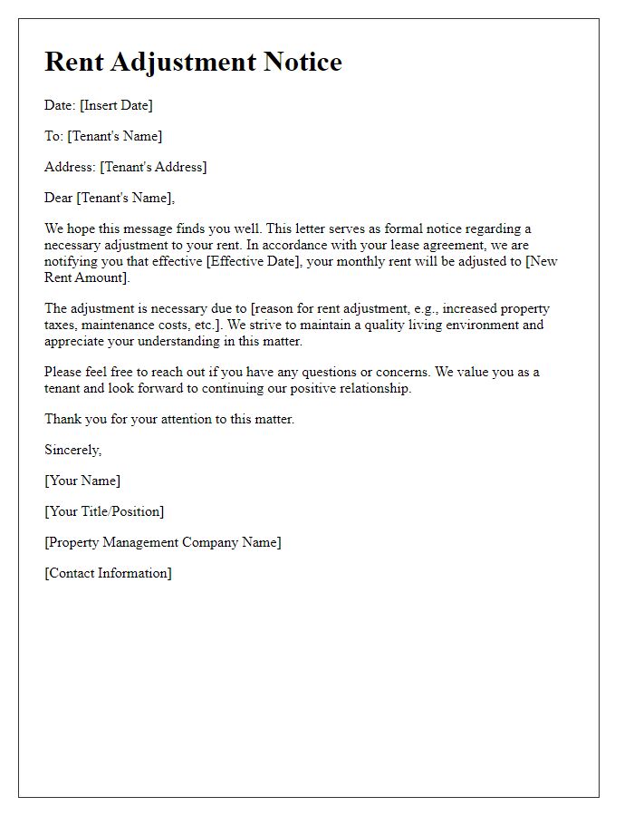 Letter template of rent adjustment notice for tenants.