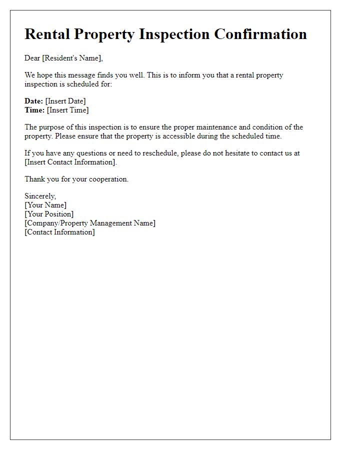 Letter template of rental property inspection confirmation for residents.