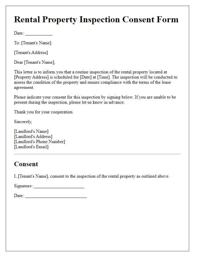 Letter template of rental property inspection consent form for landlords.