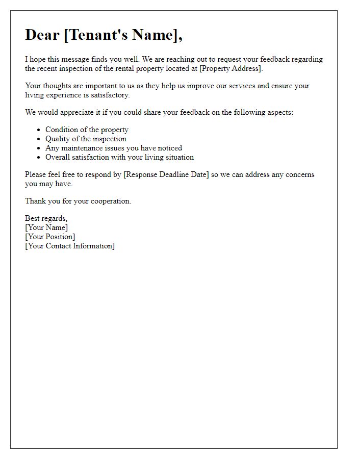 Letter template of rental property inspection feedback request.