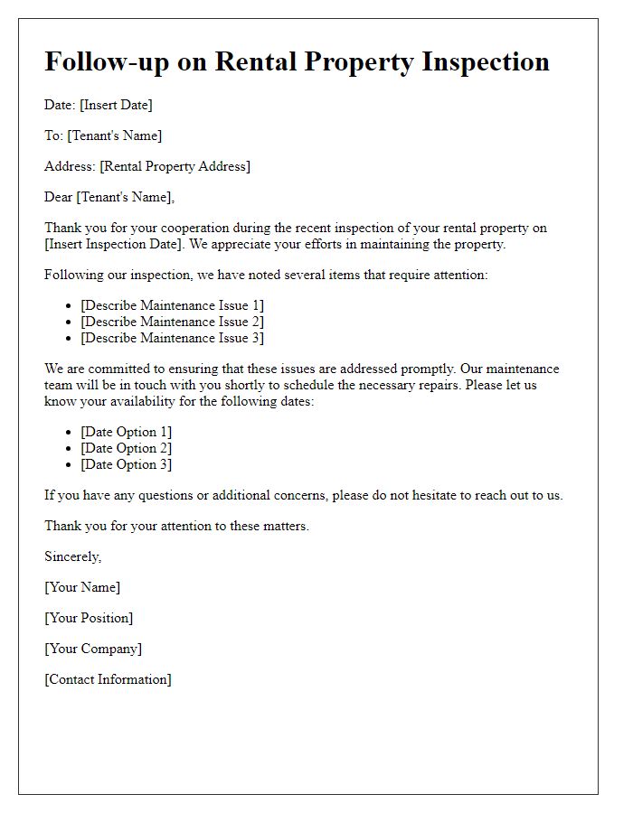 Letter template of rental property inspection follow-up for maintenance.