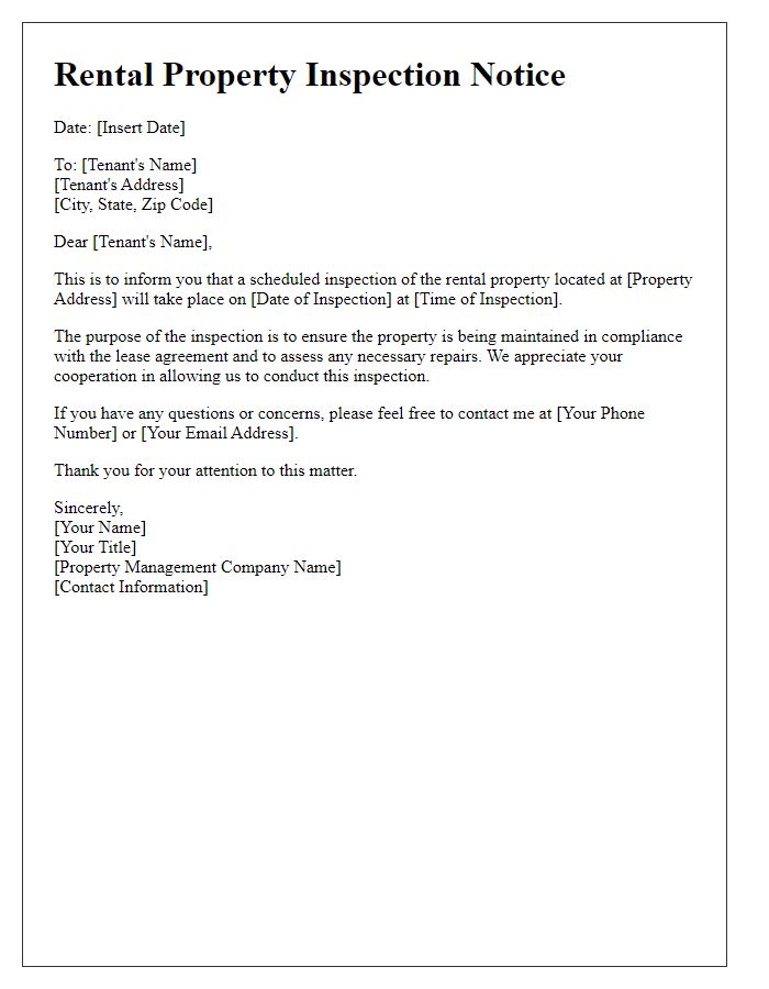 Letter template of rental property inspection notice for tenants.