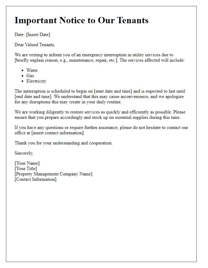 Letter template of emergency utility service interruption for tenants