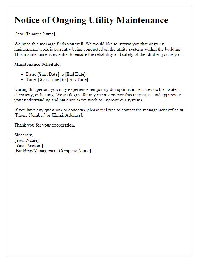 Letter template of ongoing utility maintenance communication for tenants